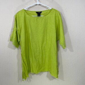 Ali Miles Linen Blend Size M Tunic Top Button‎ Detail Yellow Green Lagenlook